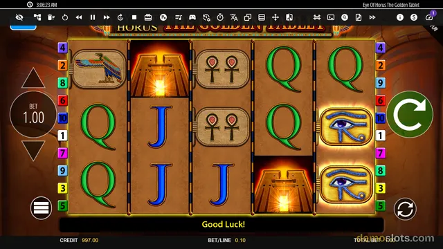 A slot machine screen titled 'Eye of Horus The Golden Tablet' displaying a 5 by 3 grid of symbols including letters, scarabs, and Egyptian motifs.