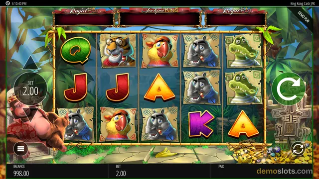 A 5x3 slot game grid showing jungle-themed symbols with a gorilla character on the left, set in a lush jungle environment.
