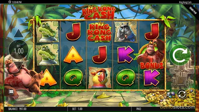 A screenshot of the King Kong Cash slot game showing a 5x3 grid with a mix of animal and letter symbols, including a 'BONUS' label on the rightmost reel.
