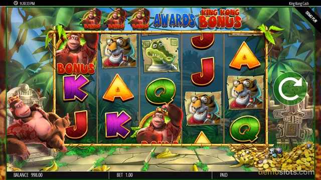 A brightly rendered screenshot of the King Kong Cash slot game showing a settled grid with a King Kong Bonus indicator above the reels.