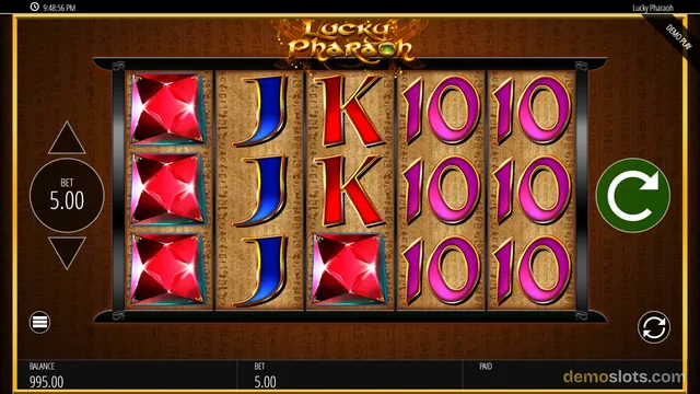 A 5-reel, 3-row slot game grid titled Lucky Pharaoh shows red gemstones and royal letter symbols on a papyrus-textured background, with bet and balance controls around the frame.