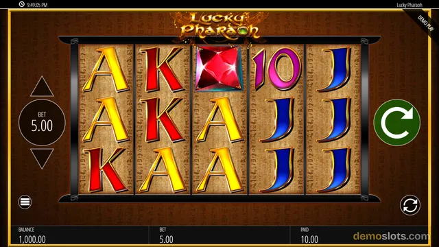 A slot game titled Lucky Pharaoh shows a 5x3 grid of symbols with a red gem on the top row, set against a background of hieroglyphs.