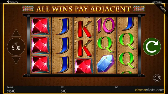 A 5-reel, 3-row slot game grid displays gemstone and letter symbols on a parchment-textured background, with a banner reading ALL WINS PAY ADJACENT above the reels.
