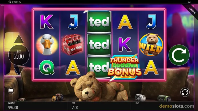 A slot game grid displaying the Ted movie theme with a bonus feature triggered, showing symbols on a 5x3 layout.