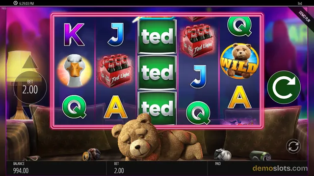 A 5x3 slot machine grid displays settled symbols including a teddy bear wild, a duck, beer packs, and playing card letters against a purple living room background.