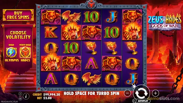 A fully rendered slot game screen titled Zeus vs Hades Gods of War displaying a 5x4 grid of symbols with a 'Choose Volatility' panel on the left and game controls at the bottom.
