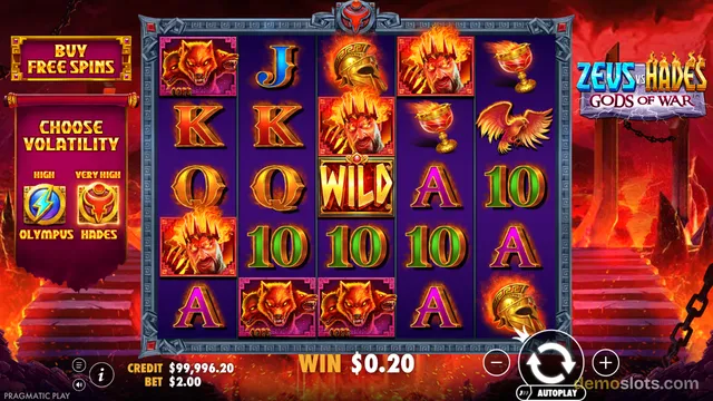 A 5x5 video slot game screen for Zeus vs Hades Gods of War featuring a fiery red background, Greek mythology symbols, and a left-side panel for volatility selection.