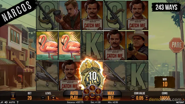 A 5x3 grid slot machine featuring 'Narcos' themed symbols including a wanted poster, a flamingo, a gun, and a badge, with a win of 10 displayed in the bottom right.