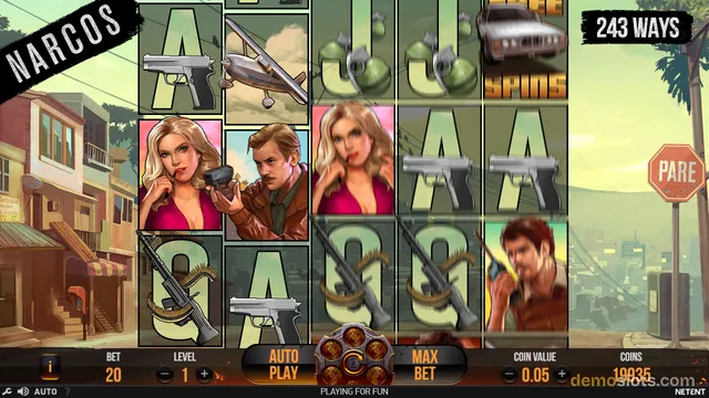 A slot game screen titled 'Narcos' showing a 5x3 grid of symbols including characters, weapons, and letters against a city background.