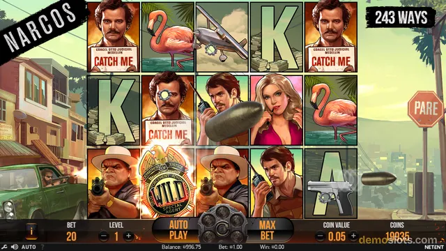 A 5x3 grid slot game titled NARCOS displays a settled spin with various symbols including flamingos, characters, and playing cards.