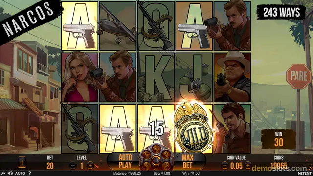 A fully rendered screen of the Netent slot game Narcos, displaying a 5x3 grid of symbols with a win of 30 shown on the right side.